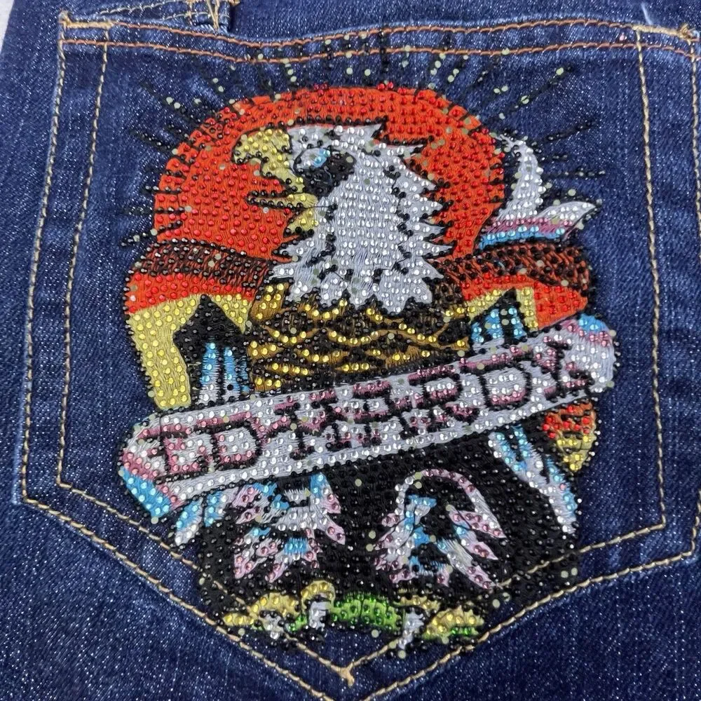 Christian Audigier Ed Hardy Jeans 36x32 Embroidered Rhinestone Skull Eagle